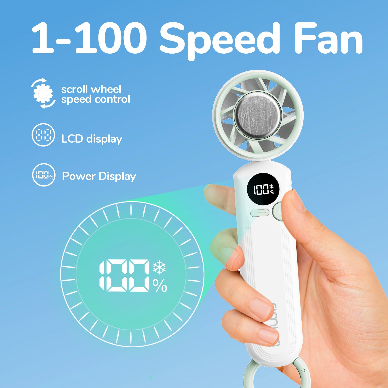 Foldable Handheld Fan with Cooling Compress, 1-100 Speed Adjustable, Portable Mini Fan with Hook & Lanyard, Up to 12hrs Use for Travel, Outdoor, Office, Home