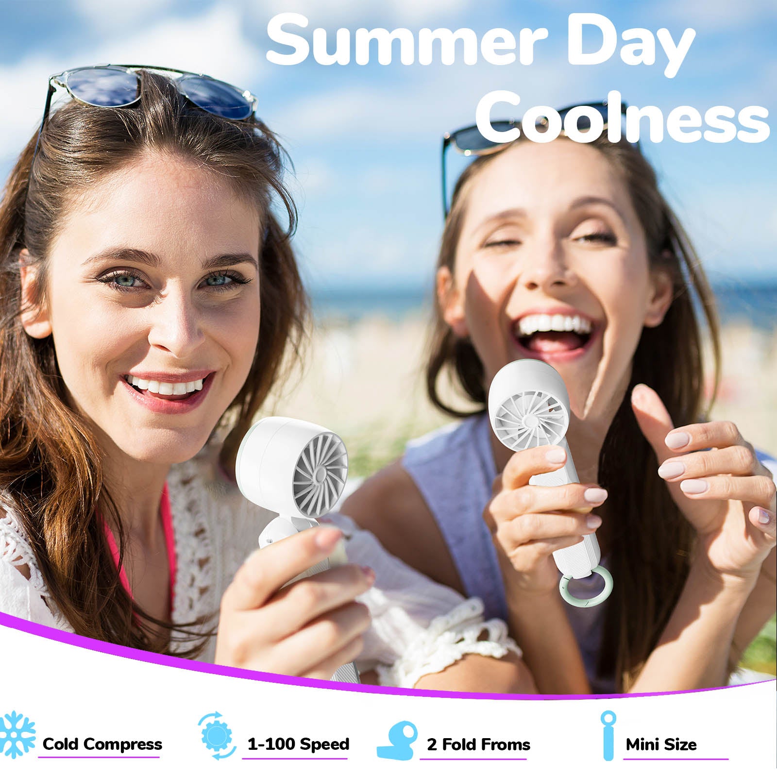 Foldable Handheld Fan with Cooling Compress, 1-100 Speed Adjustable, Portable Mini Fan with Hook & Lanyard, Up to 12hrs Use for Travel, Outdoor, Office, Home